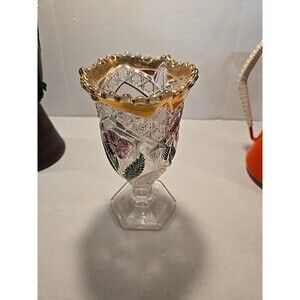 Vintage EAPG Scalloped Vase - Hand-Painted Purple Pansy & Gold Flash Rim